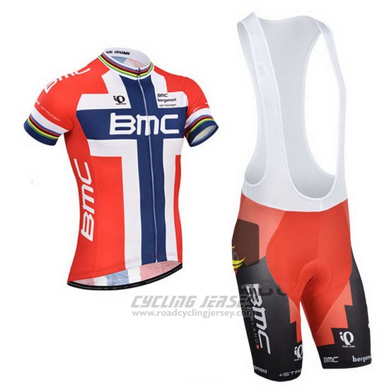 2014 Cycling Jersey BMC Champion Norway Blue and Red Short Sleeve and Bib Short